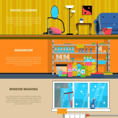 Cleaning horizontal banners set with house cleaning and window washing symbols flat isolated vector illustration