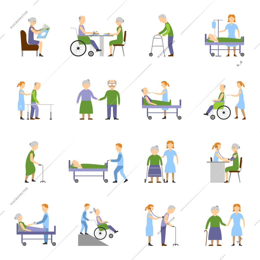 Nursing elderly people icons set with wheelchair food and drink symbols flat isolated vector illustration