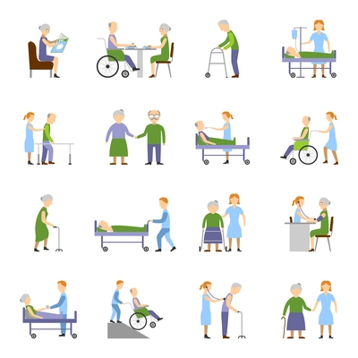 Nursing elderly people icons set with wheelchair food and drink symbols flat isolated vector illustration