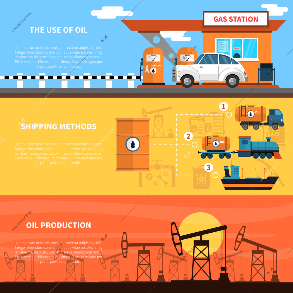 Oil horizontal banners set with gas station shipping and production symbols flat isolated vector illustration