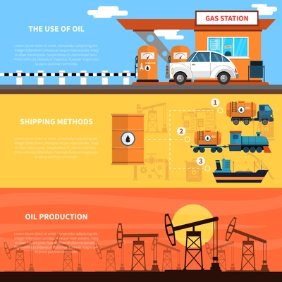 Oil horizontal banners set with gas station shipping and production symbols flat isolated vector illustration