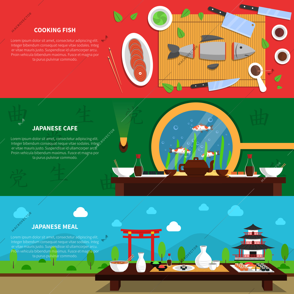 Sushi horizontal banner set with cooking fish elements isolated vector illustration