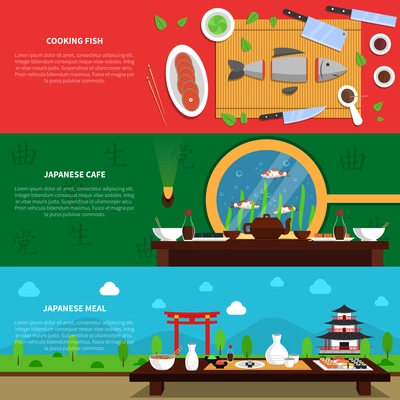 Sushi horizontal banner set with cooking fish elements isolated vector illustration