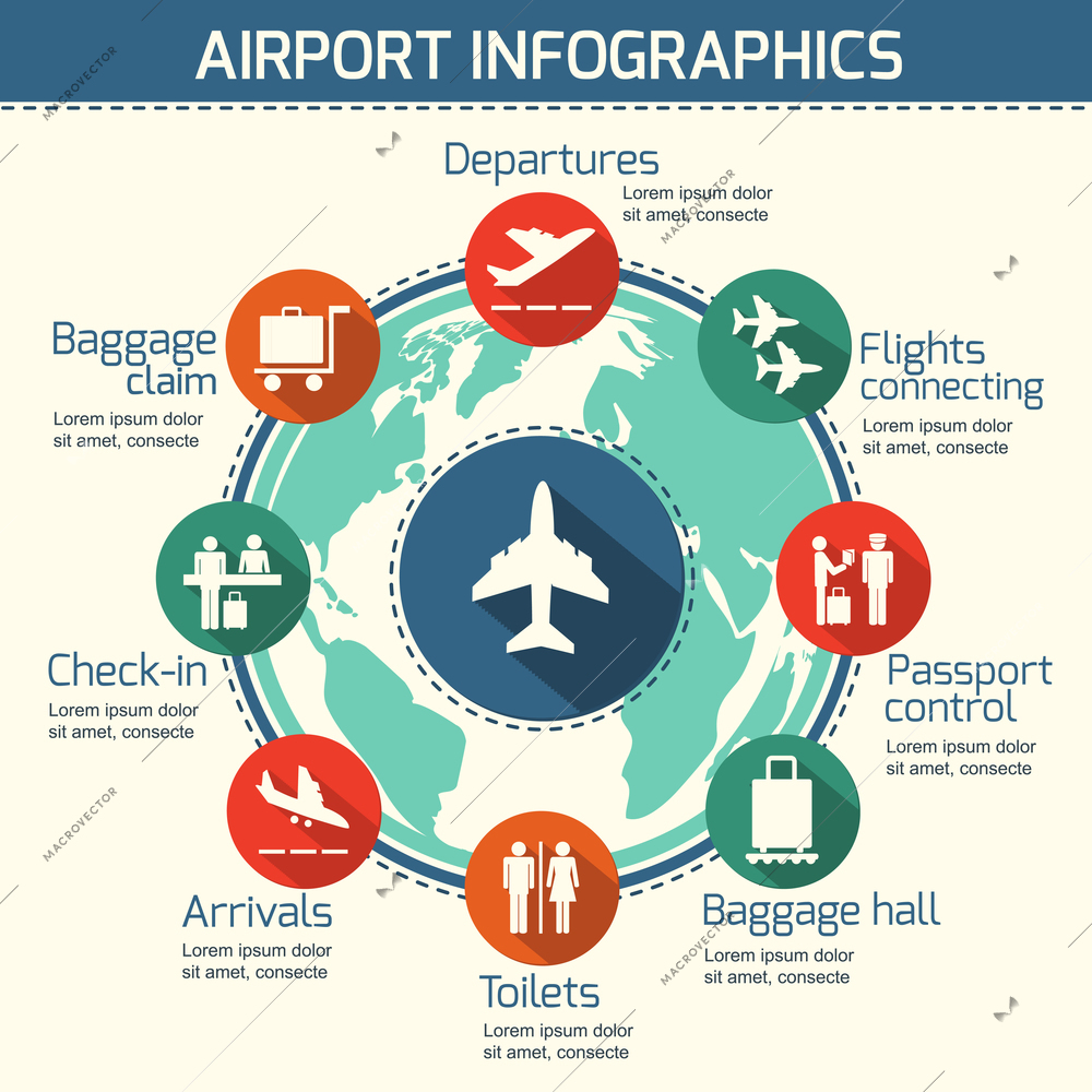 Airport business infographic presentation template concept design world map and airport service icons vector illustration