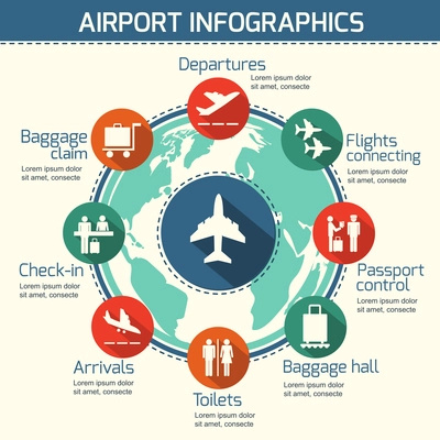 Airport business infographic presentation template concept design world map and airport service icons vector illustration