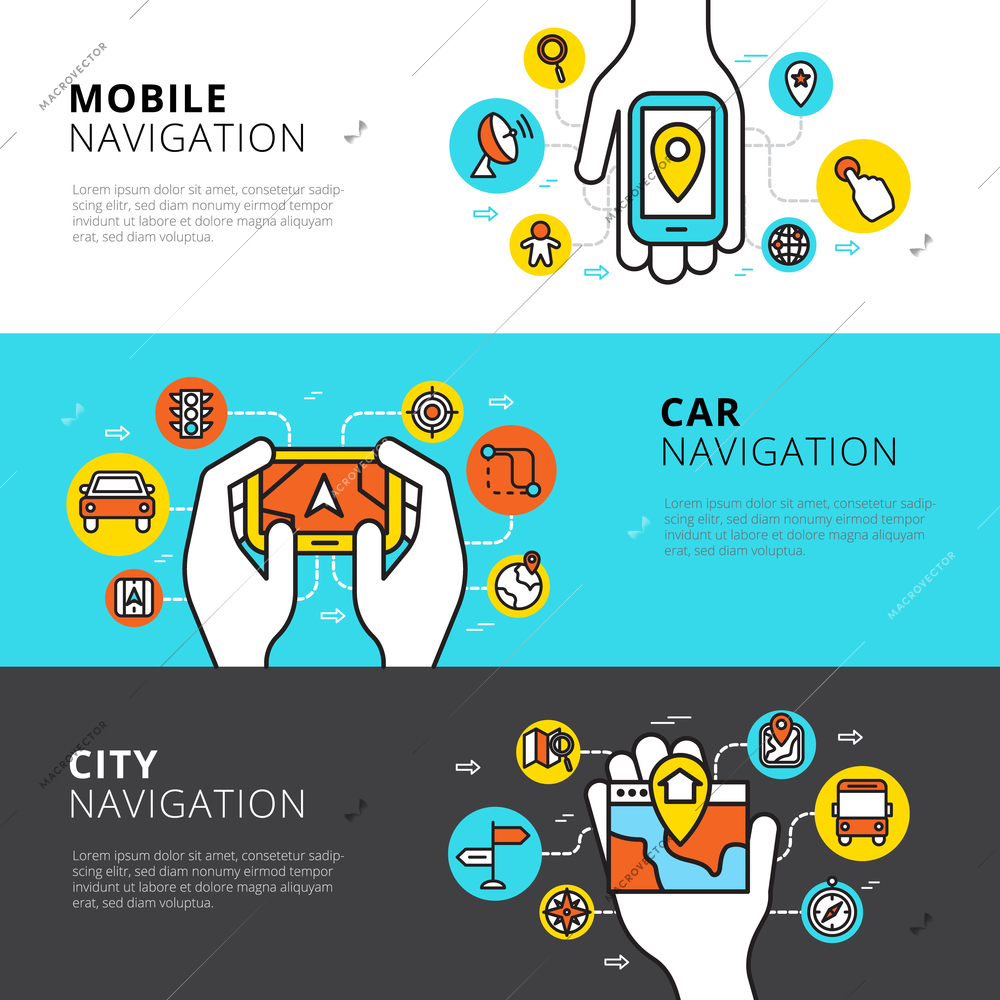 Flat horizontal  banners set of mobile car and city navigation vector illustration