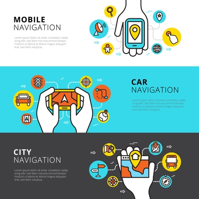 Flat horizontal  banners set of mobile car and city navigation vector illustration