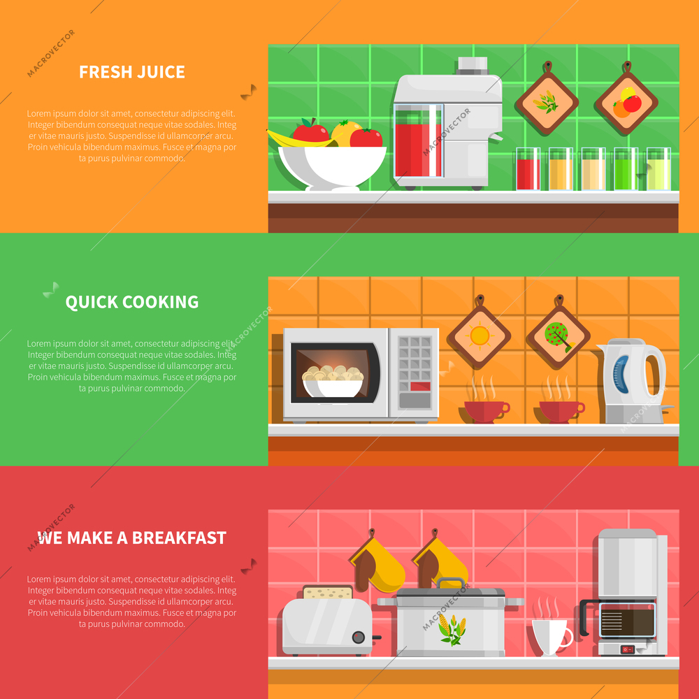 Household appliances horizontal banners set with fresh juice and quick cooking symbols flat isolated vector illustration