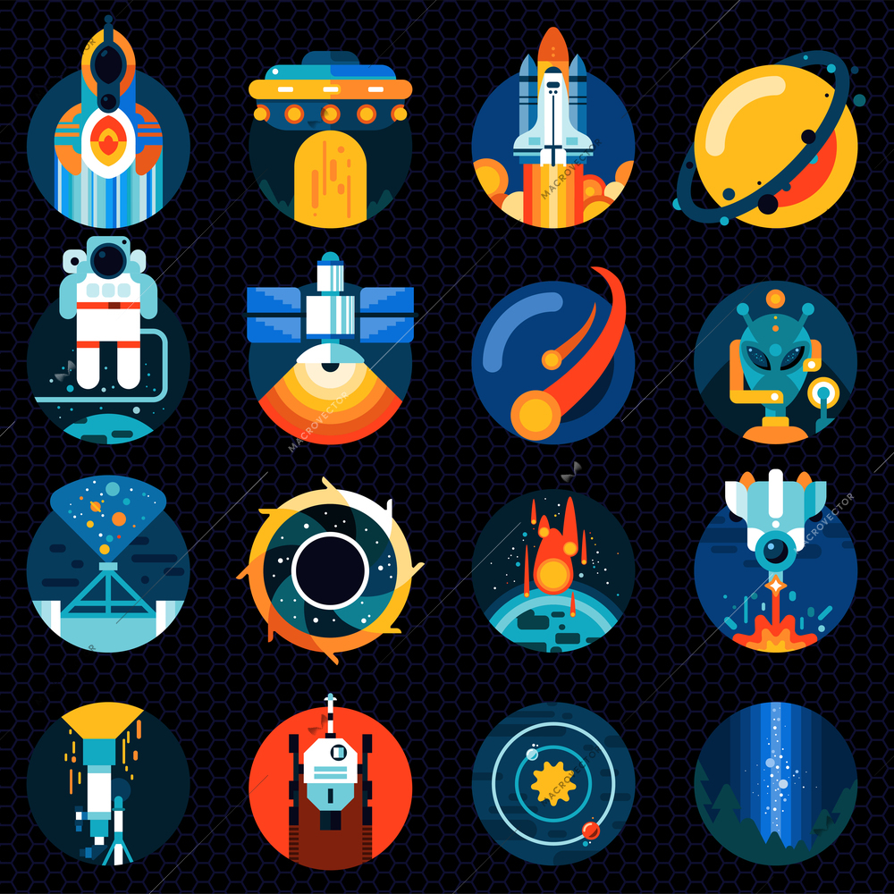 Space exploration icons set with solar system spaceship rocket and astronaut isolated vector illustration