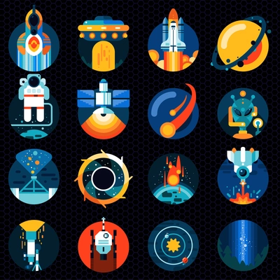 Space exploration icons set with solar system spaceship rocket and astronaut isolated vector illustration