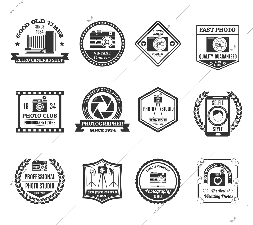 Photography black white emblems set with photo clubs and studios symbols flat isolated vector illustration