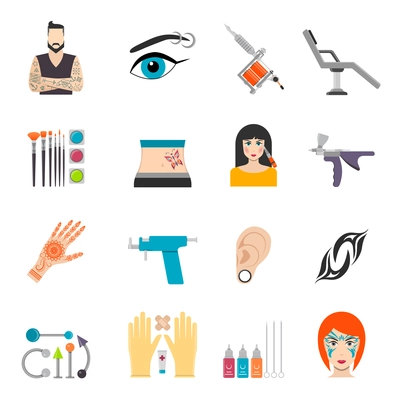 Icons set with bodyart  tattoo piercing and special equipments for man and woman vector illustration