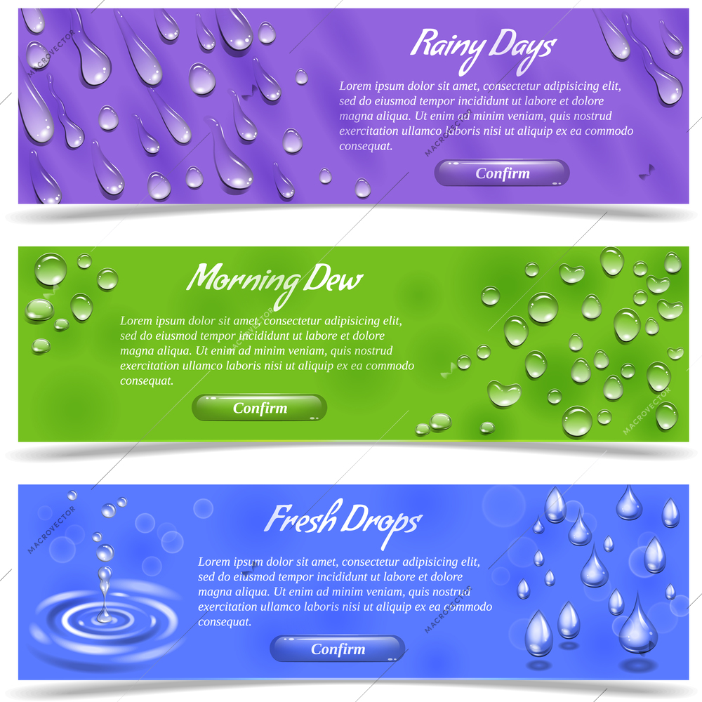 Water dew and falling drops horizontal banner set isolated vector illustration