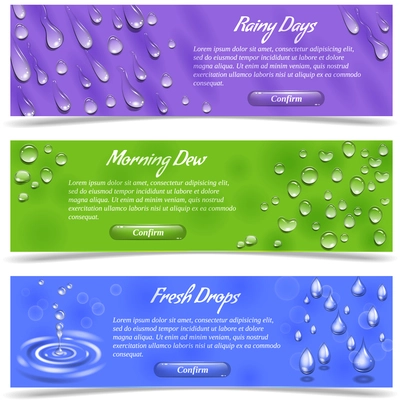 Water dew and falling drops horizontal banner set isolated vector illustration