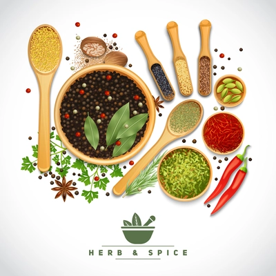 Poster of different cooking herbs and spices in wooden dish on white background realistic vector illustration