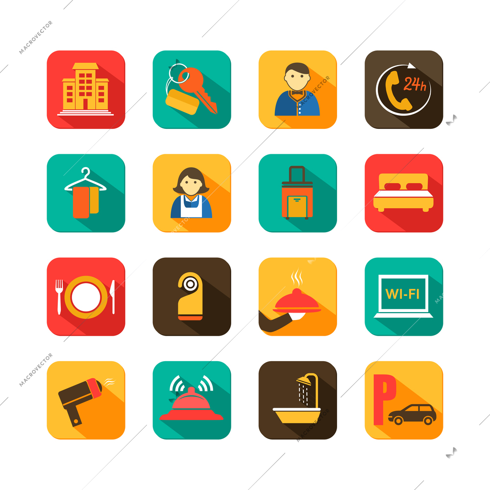 Hotel travel accommodation flat icons set of waiter room service and chambermaid isolated vector illustration
