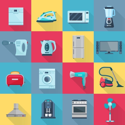 Isolated color shadow household appliances icons set of electrical electronic and digital products flat vector illustration