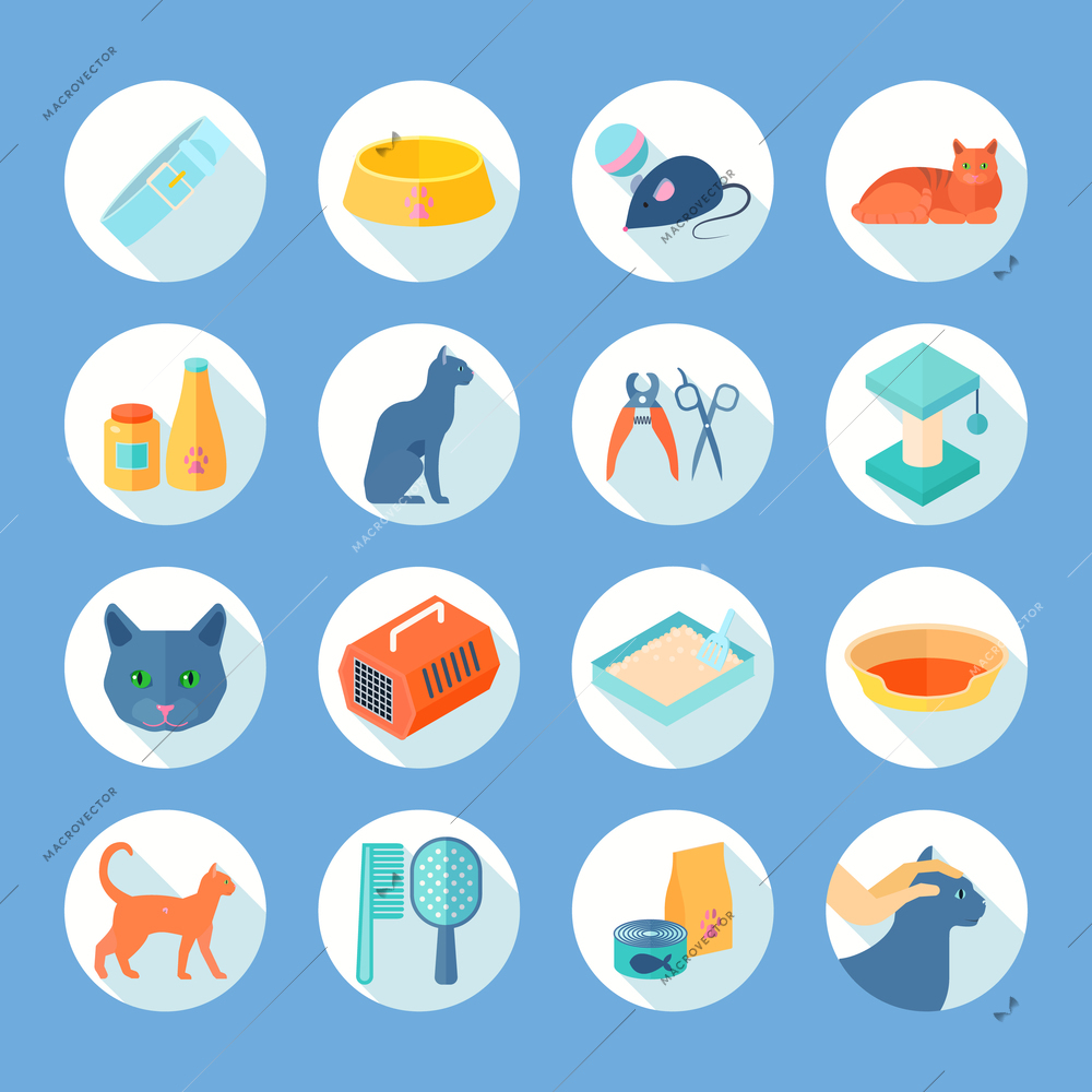 Indoor cat care flat round icons set with food and accessories supply abstract shadow isolated vector illustration