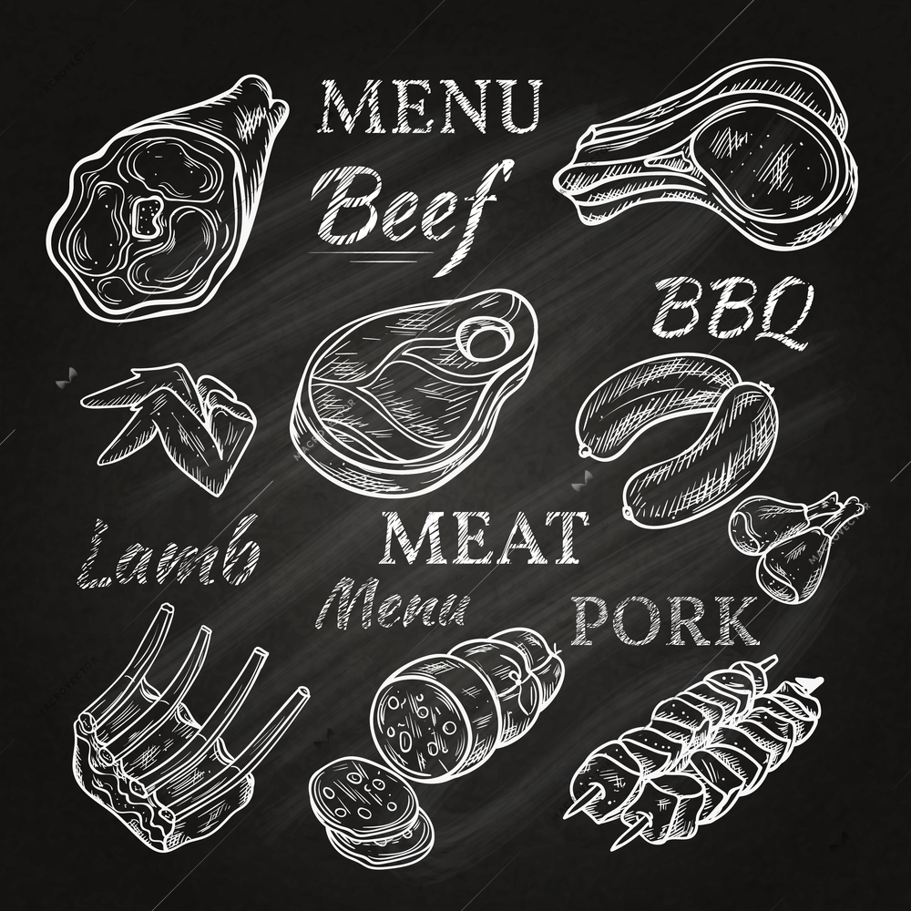 Retro meat menu icons on chalkboard with lamb chops sausage wieners pork ham skewers gastronomic products isolated vector illustration