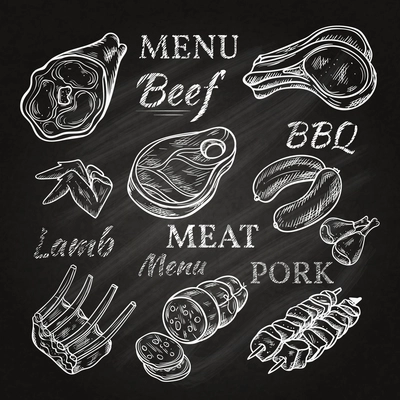 Retro meat menu icons on chalkboard with lamb chops sausage wieners pork ham skewers gastronomic products isolated vector illustration