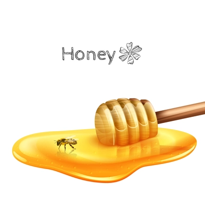 Sweet honey puddle with stick and bee realistic vector illustration
