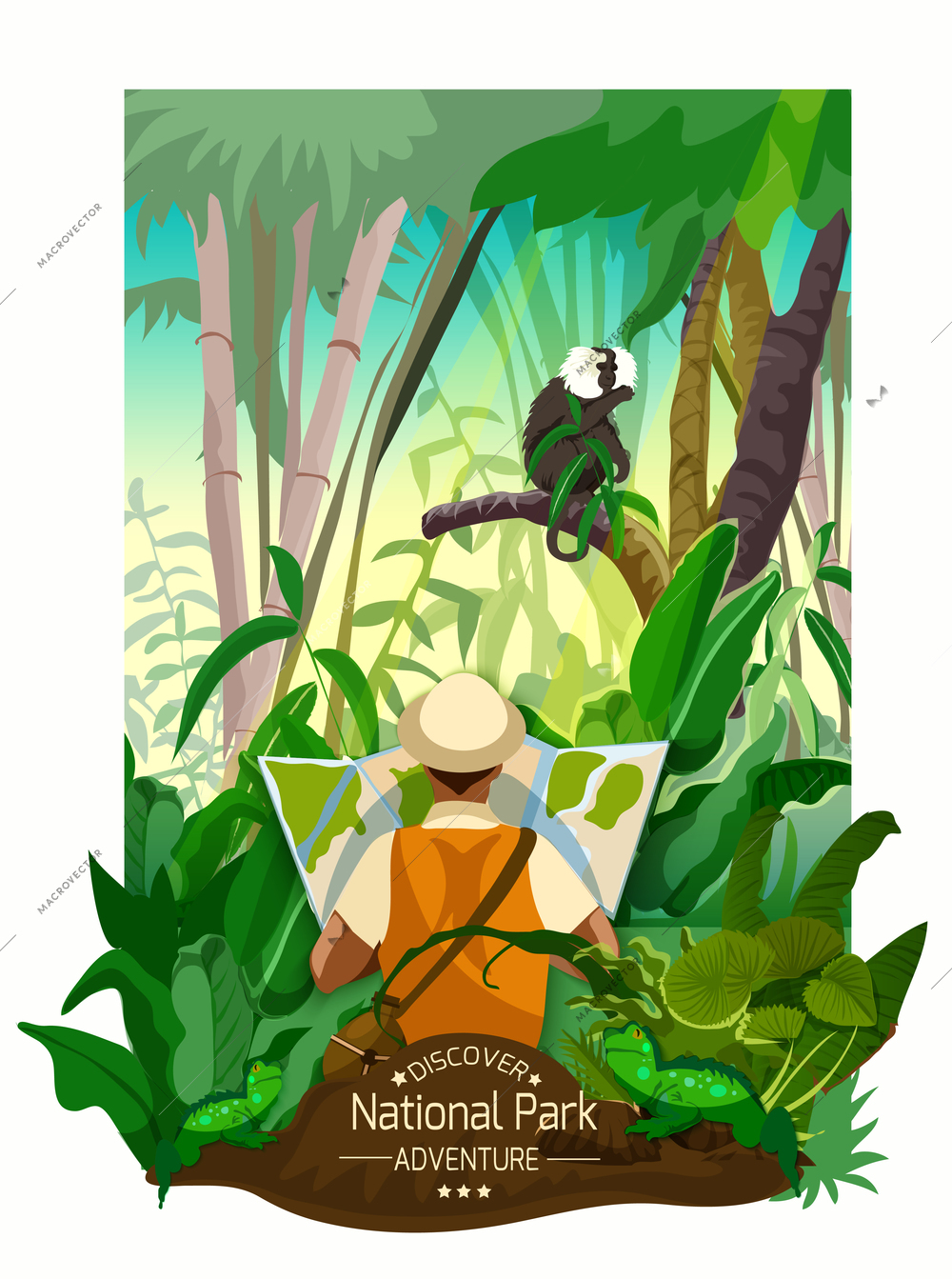 Colorful tropical forest landscape poster with thickets monkey on branch and traveler with map in cartoon style vector illustration