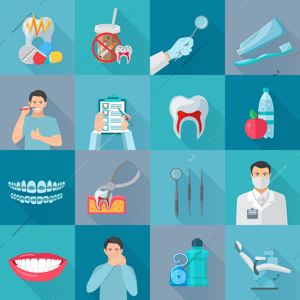 Flat color shadow dental icons set with instruments for teeth treatment and hygiene products isolated vector illustration