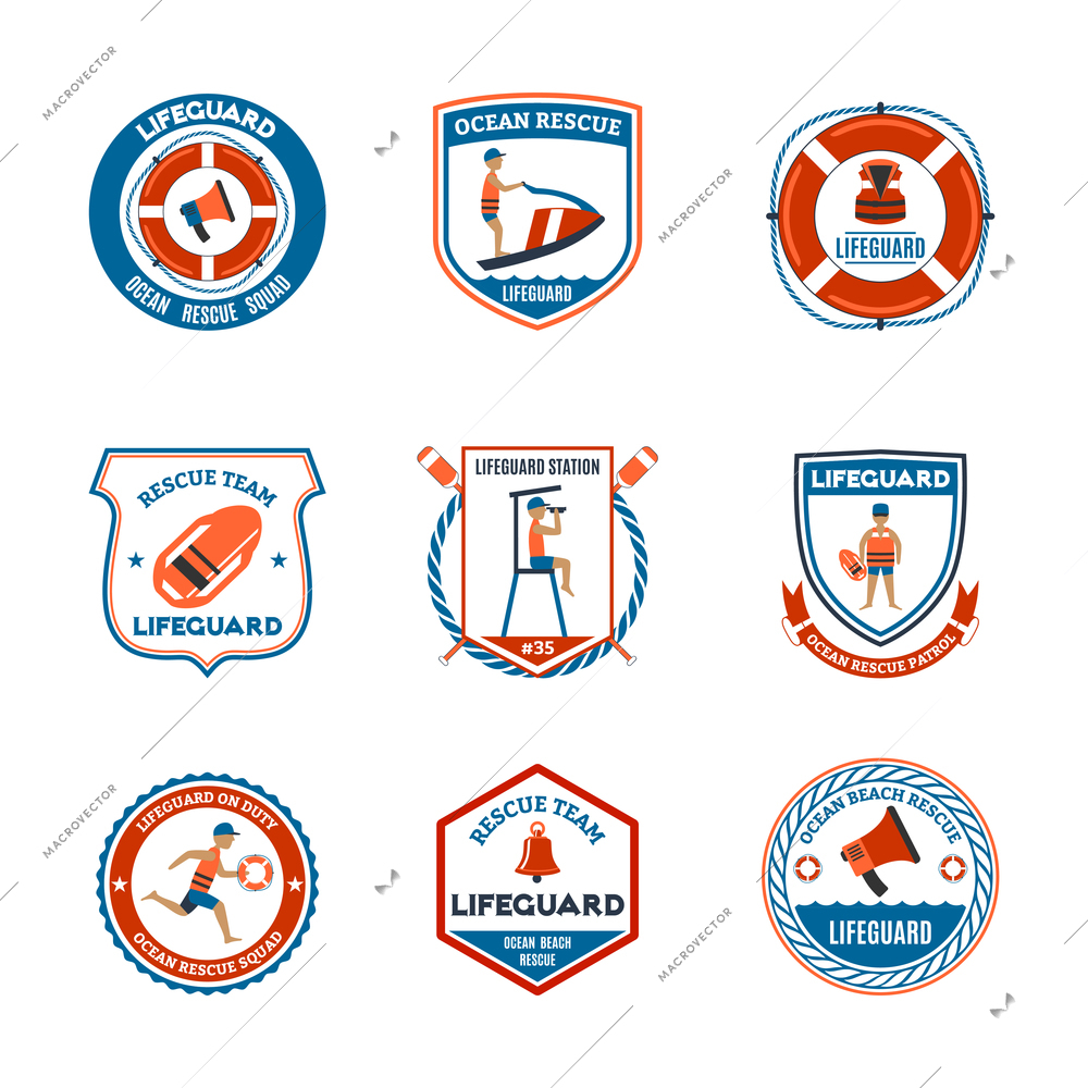 Beach lifeguard patrol emblems set with ocean rescue symbols flat isolated vector illustration