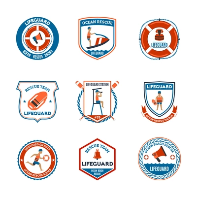 Beach lifeguard patrol emblems set with ocean rescue symbols flat isolated vector illustration