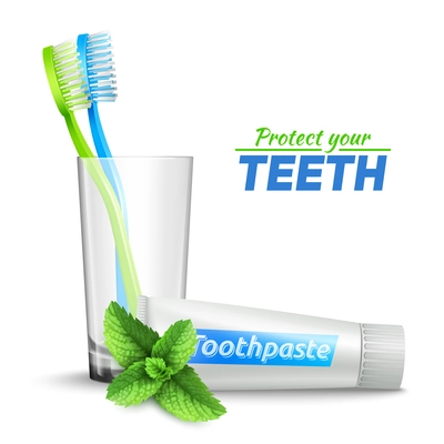 Design concept set with toothbrushes in glass  and mint toothpaste vector illustration