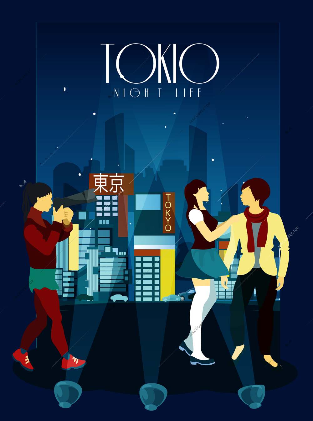 Tokyo night life poster with lights and teens in front and skyscrapers in downtown background flat vector illustration