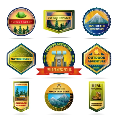 Camping nature parks and outdoor adventures emblems set isolated vector illustration