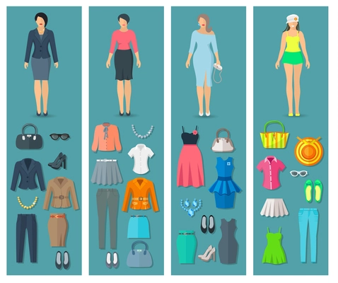 Vertical banners set of woman clothes icons in business cocktail beach and casual fashion styles vector illustration