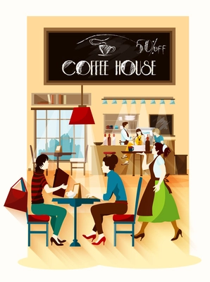 Coffee house  design concept with cafe employees behind bar waitress with tray and visitors sitting at table flat vector illustration