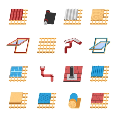 Roof construction with various mounting structures and insulation layers flat icons collection abstract isolated vector illustration