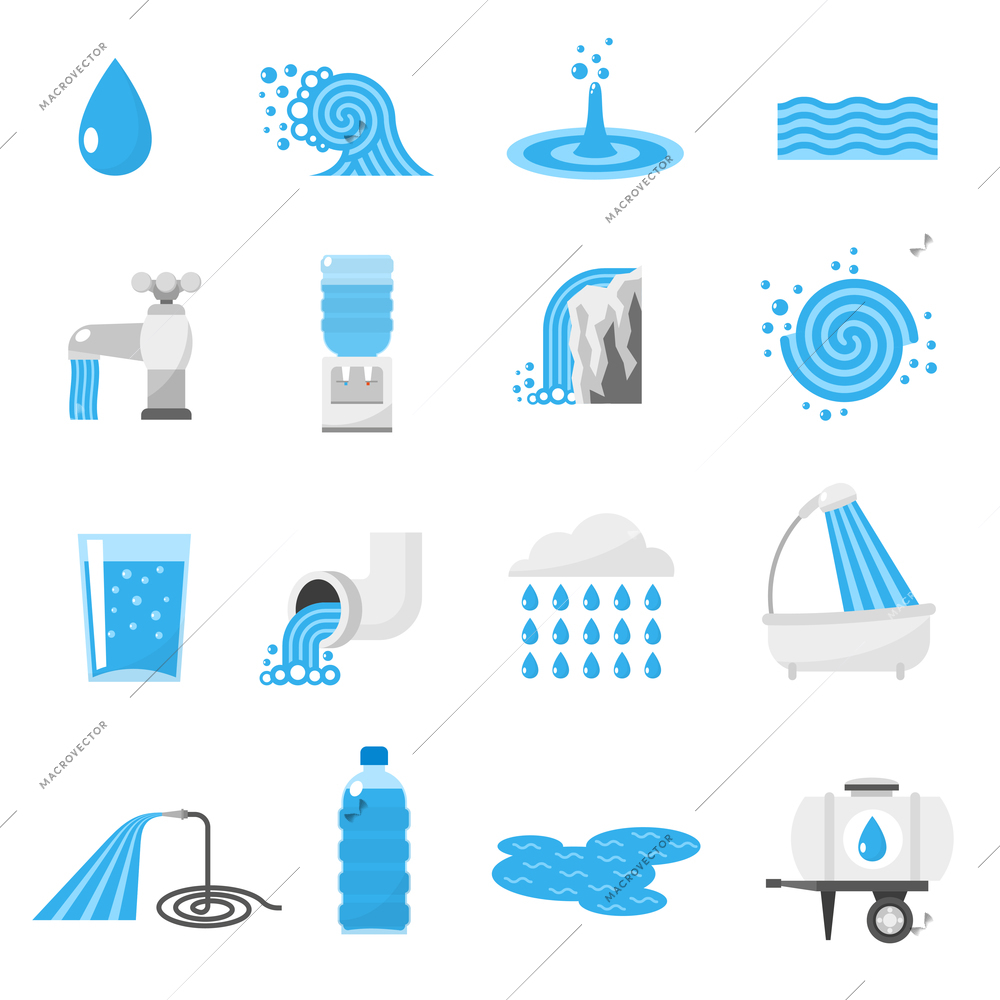 Water forms flat icons set with drop ocean wave rain and waterfall isolated vector illustration