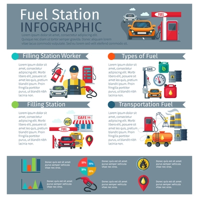 Gas station infographic set with worker types of fuel and transportation symbols flat vector illustration