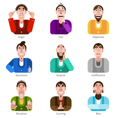 Male characters with anger fear and happiness emotions flat icons set isolated vector illustration