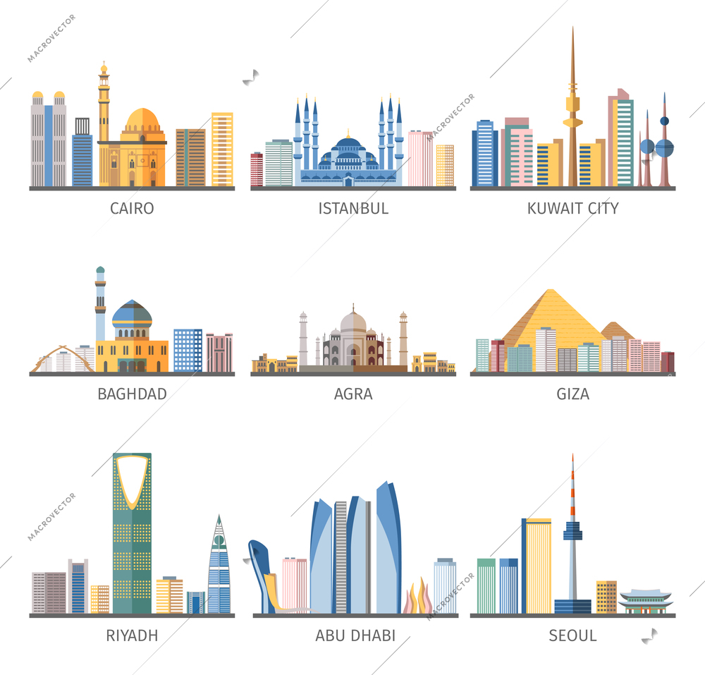 Eastern capitals cityscapes unique architecture with modern and historical landmarks flat icons collection abstract isolated vector illustration