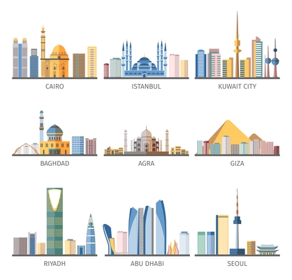 Eastern capitals cityscapes unique architecture with modern and historical landmarks flat icons collection abstract isolated vector illustration