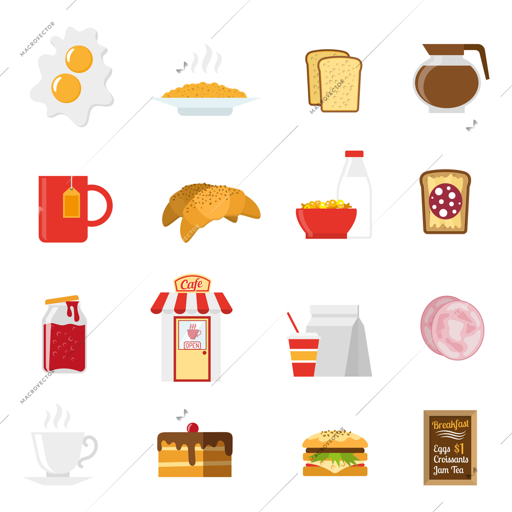 Breakfast icons set with sandwiches milk and coffee flat isolated vector illustration
