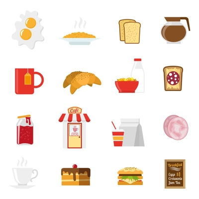 Breakfast icons set with sandwiches milk and coffee flat isolated vector illustration