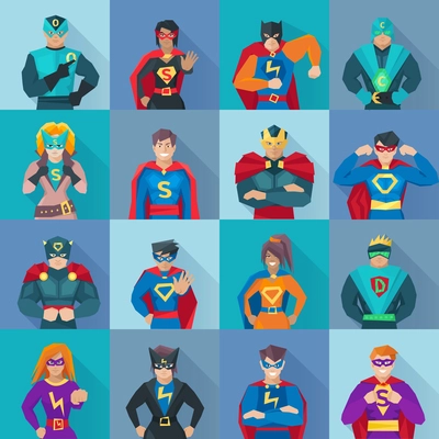 Superhero square shadow icons set with power symbols flat isolated vector illustration