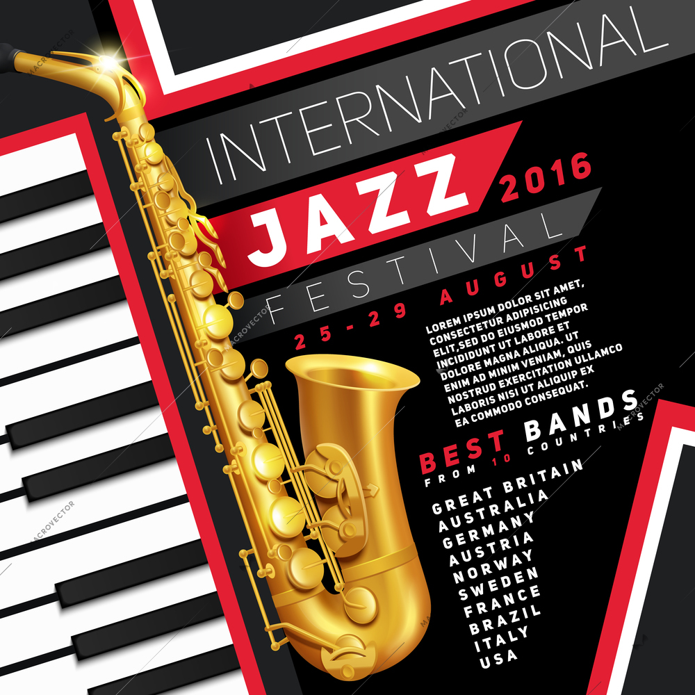 Poster for jazz festival with golden saxophone and piano keys vector Illustration