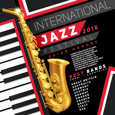 Poster for jazz festival with golden saxophone and piano keys vector Illustration