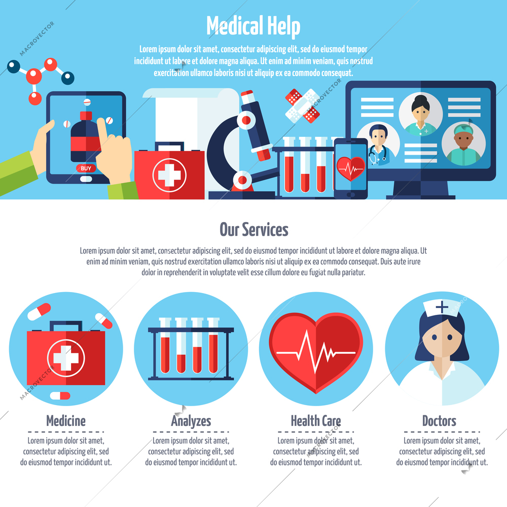 One page of medical web site with titles and color icons about medical help and services vector illustration