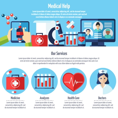 One page of medical web site with titles and color icons about medical help and services vector illustration