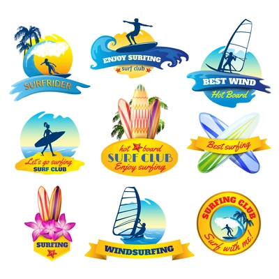 Surfing emblems set with windsurfing boards and surfer silhouettes isolated vector illustration
