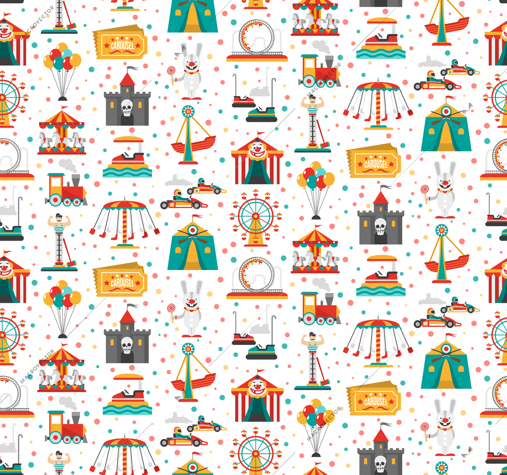 Travelling carnival amusement park show fair seamless festive pattern with retro tickets clown and castle vector illustration