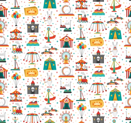 Travelling carnival amusement park show fair seamless festive pattern with retro tickets clown and castle vector illustration